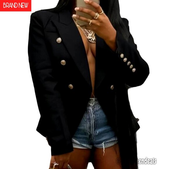 Cropped Double Breasted Blazer Jacket Polyester Spandex Business Casual